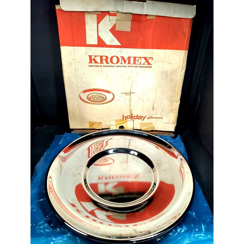 2064. Nearly New Vintage Kromex Round Chrome Serving Platter 12.75 Inches MCM